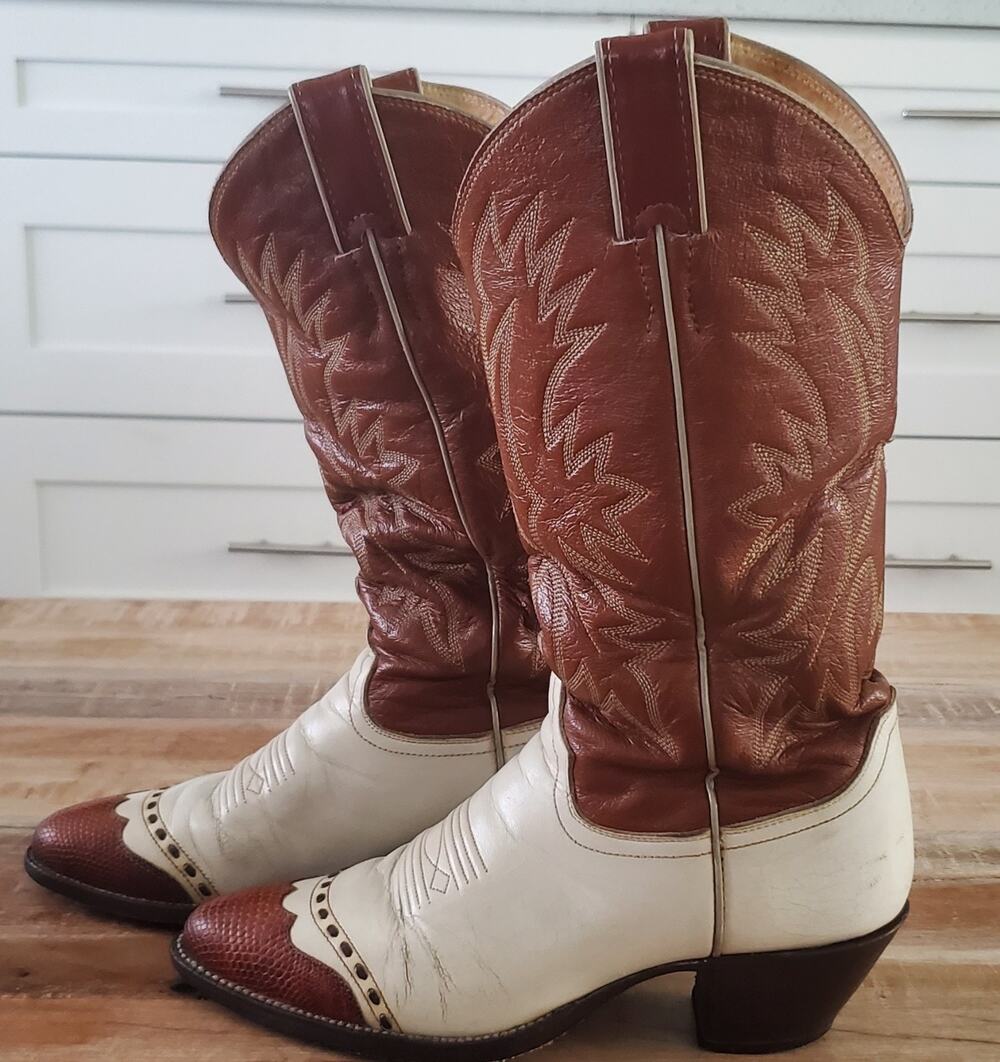Vintage Justin Two-tone Cowboy Boots Lizard Skin Wingtip Toe Women's Size 6.5